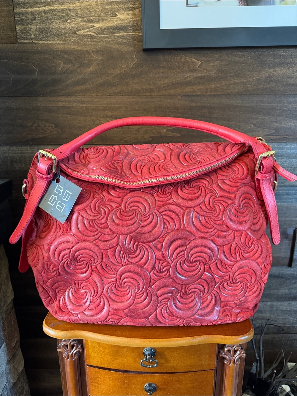 Red Rose-Embossed Italian Leather Shoulder Bag with Top Handle